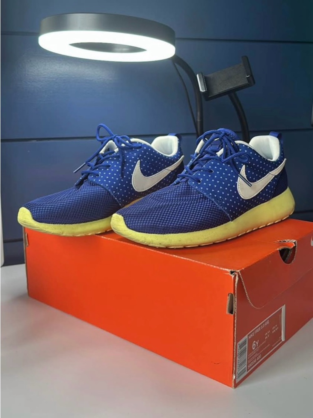 Nike Blue Polka Dot Roche Run Sneakers with White Swoosh and Yellow Sole